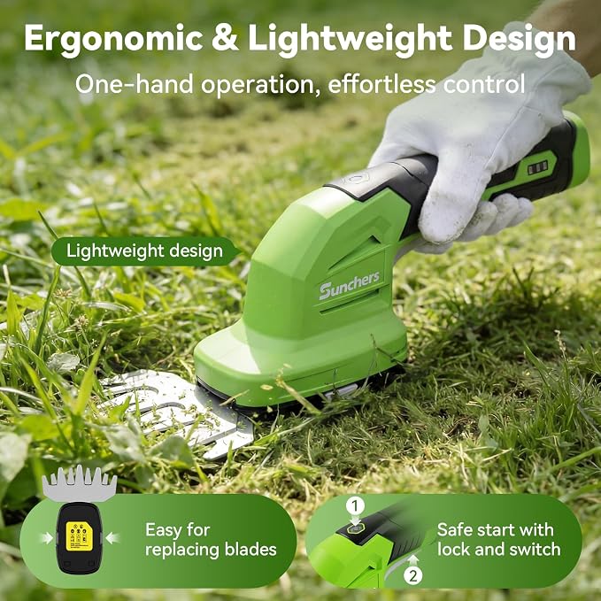 2 in 1 Hedge Trimmer Cordless, 7.2V Electric Grass Cutter and Hedge Shears, Handheld Shrub Bush Trimmer, Lightweight Grass Shears with 2 Blades, Rechargeable Garden Tool with Battery and Type-C Cable
