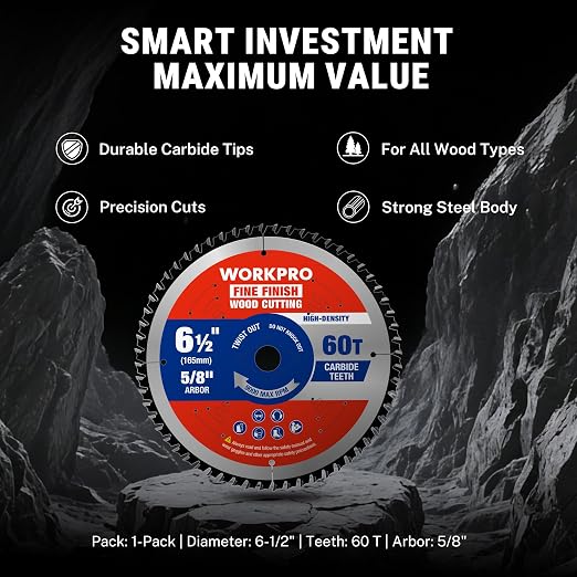 WORKPRO 6-1/2 Inch Woodworking Circular Saw Blade, 60T Fine Finish Plywood & Trim Cutting, Thin Kerf, Carbide Tipped, ATB Tooth, 1-Pack