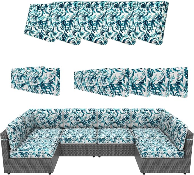 14 Piece Outdoor Furniture Replacement Cushions, Cover+Filling, 25.6" x 25.6" x 4" Foam Waterproof Outdoor Sofa Cushion Sets, Fit Wicker Rattan Sectional Conversation Set,Leaves