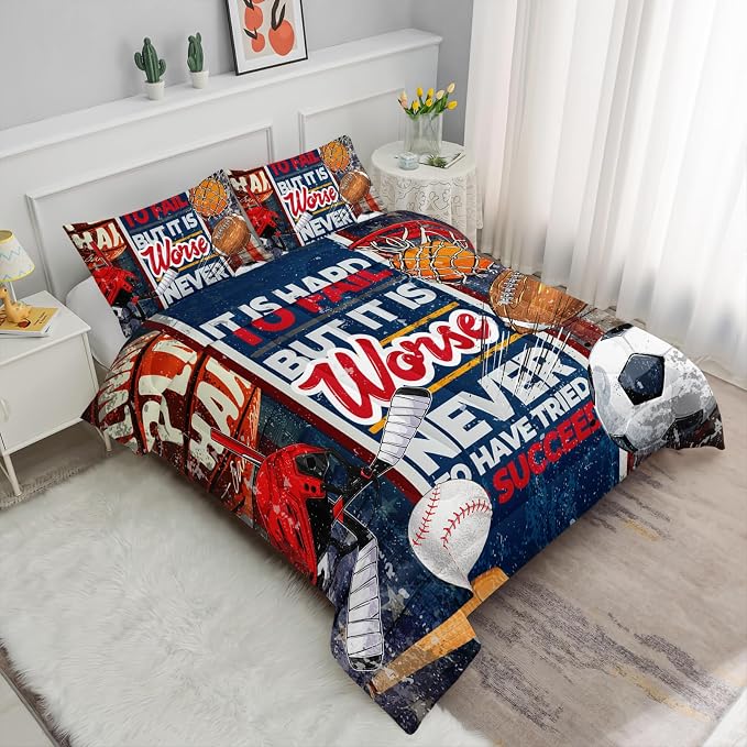 Axolotl Sports Comforter Set King Size,Ball Sports Theme Comforter Set,Football Baseball Sport Bedding,Rugby Sport Quilt,3D Soccer Basketball Bedding for Kids Boys Teens,1 Quilt 2 Pillowcases