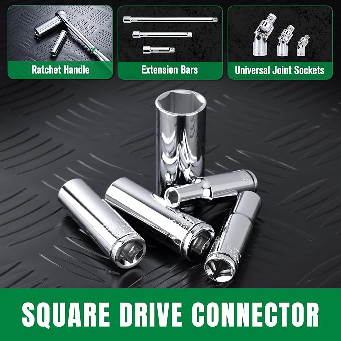 SK 3/8" Drive Socket Set, Deep SAE Sockets, 13-Piece 1/4" to 1" | SuperKrome Finish, Premium CR-V Steel, with Aluminum Socket Organizer