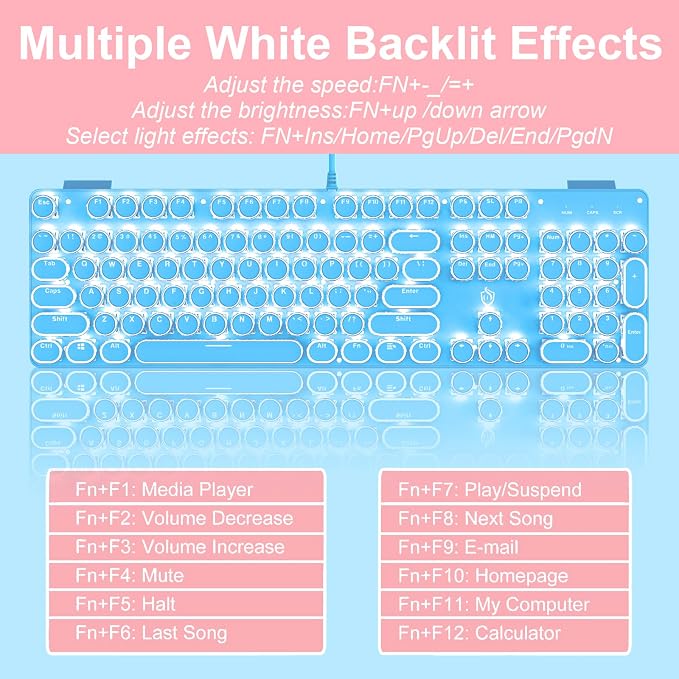 YSCP Typewriter Style Mechanical Gaming Keyboard White Backlit Wired with Blue Switch Retro Round Keycap 104 Keys Keyboard (Blue)