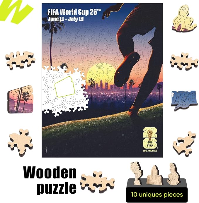 FIFA World Cup 2026 City Puzzle Los Angeles Poster - Wooden Puzzle for Adult, 200 Pieces Unique Shape Puzzle, 5MM Thick, Creative Collectible Gift for Fans, Officially Licensed Product, 9.3x11.8''