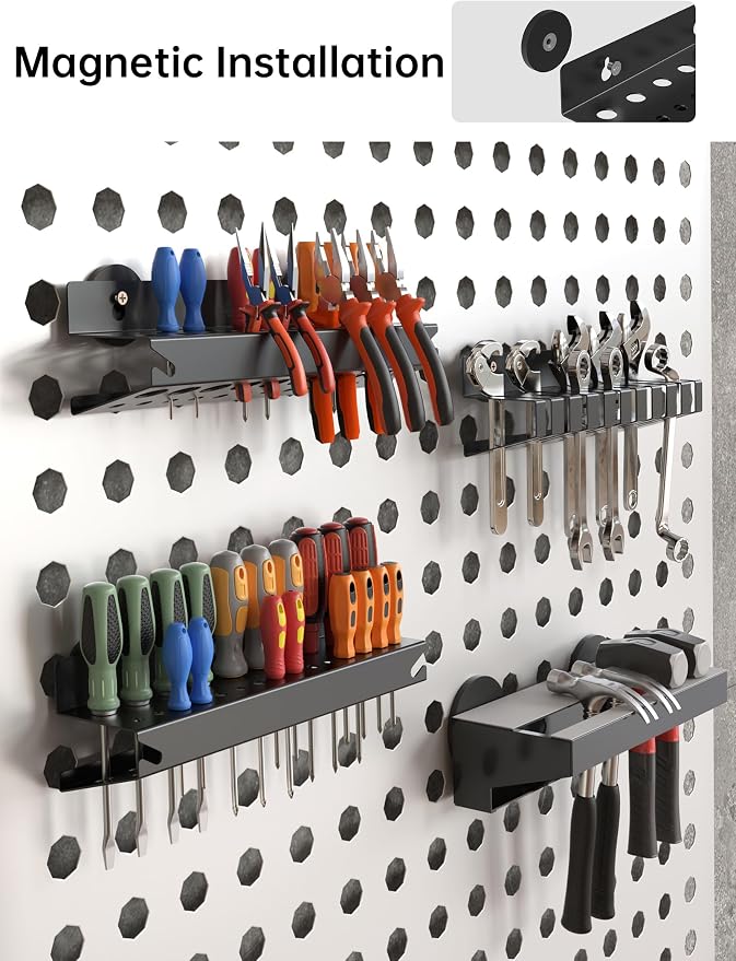 NiHome Wall Mount Hand Tool Storage Set with Magnet, Screwdriver Organizer, Pliers Holder, Hammer Rack & Wrench Holder, 4PCS Metal Organizer for Garage, Workshop, Shed, Anti-Corrosion, No Rust