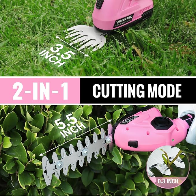 WORKPRO Pink Cordless Grass Shear & Shrubbery Trimmer - 2 in 1 Handheld Hedge Trimmer 7.2V Electric Grass Trimmer Hedge Shears/Grass Cutter 2.0Ah Rechargeable Lithium-Ion Battery - Pink Ribbon