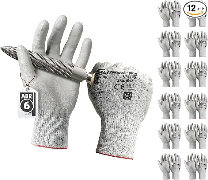 Schwer 12 Pairs Safety Work Gloves with Certified Level 6 Abrasion Resistance, ANSI A2 Cut Resistant Working Gloves with Grip for General Use, Construction, Gardening, Mechanic, 3D-Comfort, LT5636, L