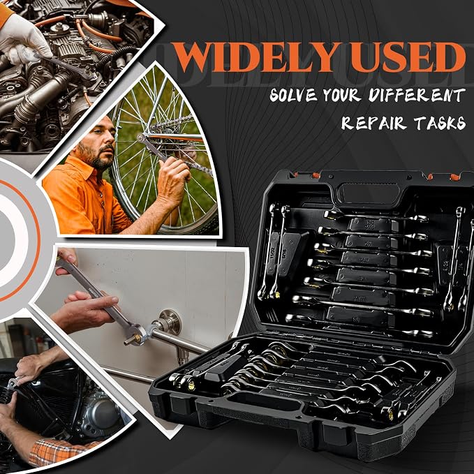 SUZUME 22-Piece Ratchet Wrenches Set Metric & SAE for Auto Car Moto Bike | 6-18mm & 1/4”-3/4” CR-V 72-Tooth with Organizer Box Combination Wrench Sets for Workshop Stubborn Fastener Mechanic DIYer