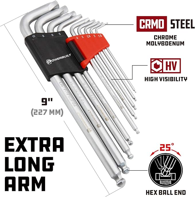 Powerbuilt 9 Piece Metric Hex Key Wrench Set for Damaged Fasteners, Standard, Grip Rusted, Rounded Bolts, Sizes 1.5mm to 10mm, Extra-Long L-Handles with Ball Ends - 240095
