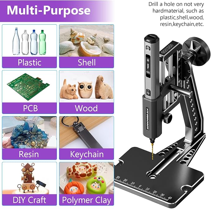 Mini Electric Drill Pen with Benchtop Press, 5-Speed, 10 Small Drill Bits with Aluminium Box, LED Lights, OLED Display, Resin Drill Set For Jewelry Making, Plastic, Wood (SDS ULTRA PLUS)