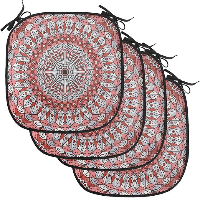 Lunarable Moroccan Chair Cushion Pads Set of 4, Colorful Patterned Ornament Medieval Openwork Eastern, Anti-Slip Seat Padding for Kitchen & Patio, 16"x16", Coral Red Pale Grey