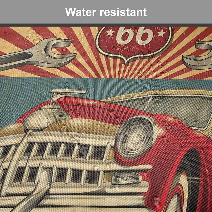 Lunarable Americana Chair Cushion Pads Set of 4, Vintage Garage Artwork with a Nostalgic Car Illustration Retro Vibes Route 66 Print, Anti-Slip Seat Padding for Kitchen & Patio, 16"x16", Teal