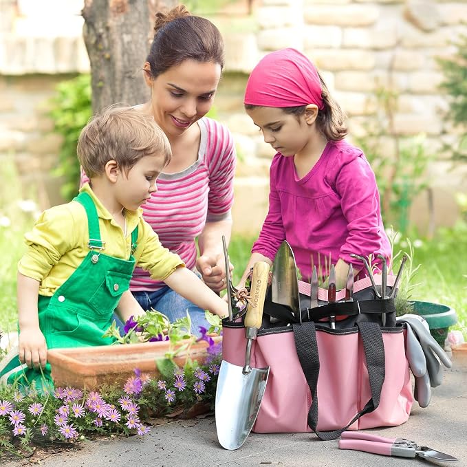 WORKPRO 8-Piece Pink Garden Tool Set, Stainless Steel Gardening Tools with Wood Handle, Including Garden Tote, Gloves, Trowel, Hand Weeder, Cultivator and More, Gardening Gifts for Women - Pink