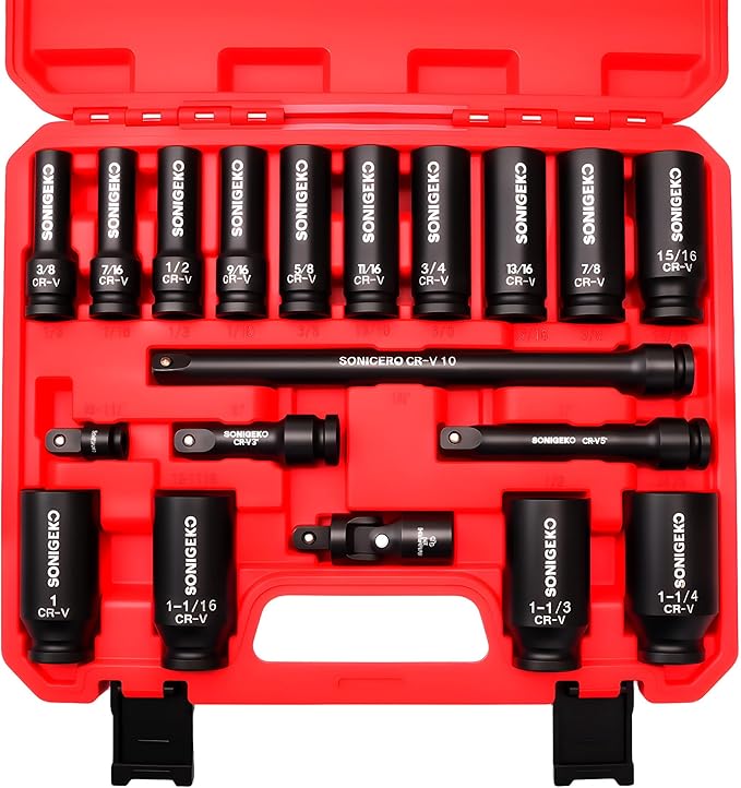 19-Piece 1/2" Drive Impact Socket Set | Deep, SAE CR-V Steel Sockets with Extension Bars, Universal Joint and Adapter