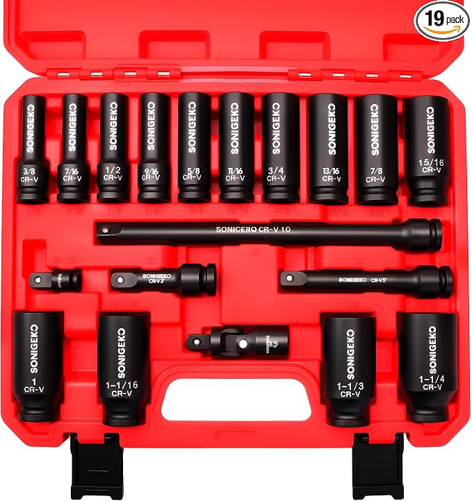 19-Piece 1/2" Drive Impact Socket Set | Deep, SAE CR-V Steel Sockets with Extension Bars, Universal Joint and Adapter