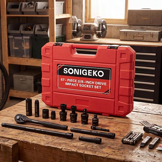 67-Piece 3/8" Drive Impact Socket Set,SAE 5/16"-3/4" & Metric 8-19mm | 6 Point CR-V Steel Sockets,Extension Bars ,20-Piece CR-MO Swivel Sockets, Universal Joint, Ratchet Handle and Adapter