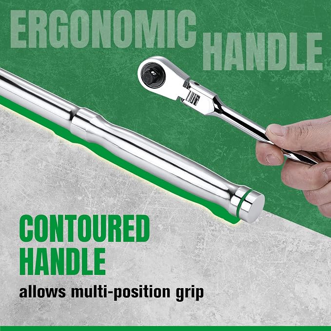 SK 1/4" Drive Flex Head Ratchet, Swivel Ratchet Handle, 90-Tooth Pear Head | Premium CR-V Steel, Reversible Design, with Contoured Handle