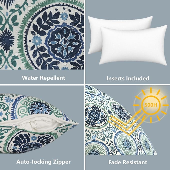LVTXIII 2 Pack Outdoor Lumbar Pillows 12x20 Inch with White Piping, Fade Resistant Support Throw Pillows with Inserts for Patio Furniture, Sofa, Chair, Coastal Medallion
