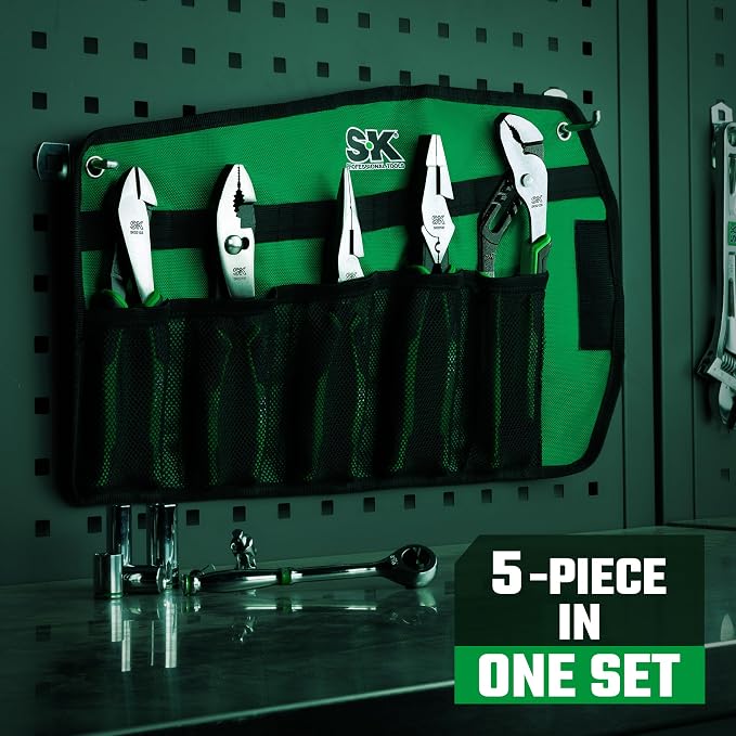SK 5-Piece Pliers Set, Ergonomic Anti-slip Handle, with Rolling Pouch | 8" Needle Nose & Slip Joint & Diagonal Pliers, 9.5" Linesman Pliers, and 10" Water Pump Pliers