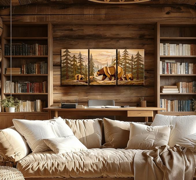 Frimeeme Framed Rustic Cabin Decor Bear Wall Art,Rustic Forest Bear Wall Art Woodland Theme Decor for Cabin, Farmhouse, Living Room, Bathroom, 12"x16" 3-Piece,Inch