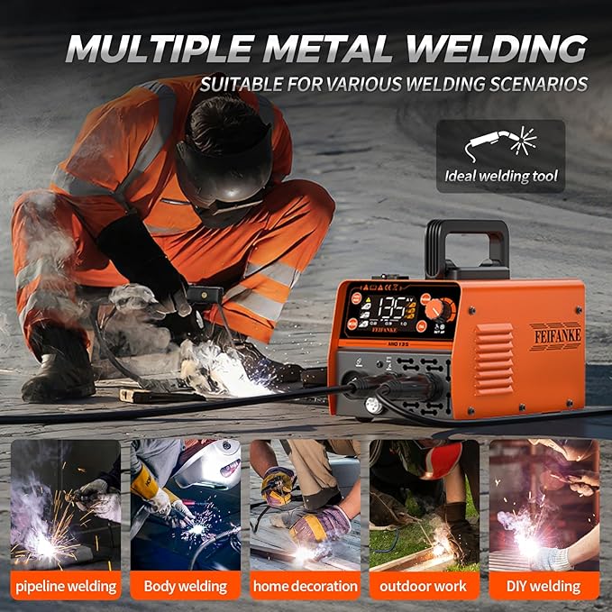 FEIFANKE 135A MIG Welder, 110v Flux Core MIG/Stainless Flux MIG/Stick/MMA/Lift TIG 4 In 1 Portable Multiprocess Welding Machine With LED Display, Synergic Wire Feed Welder IGBT For Thin Metal（6.6LBS）
