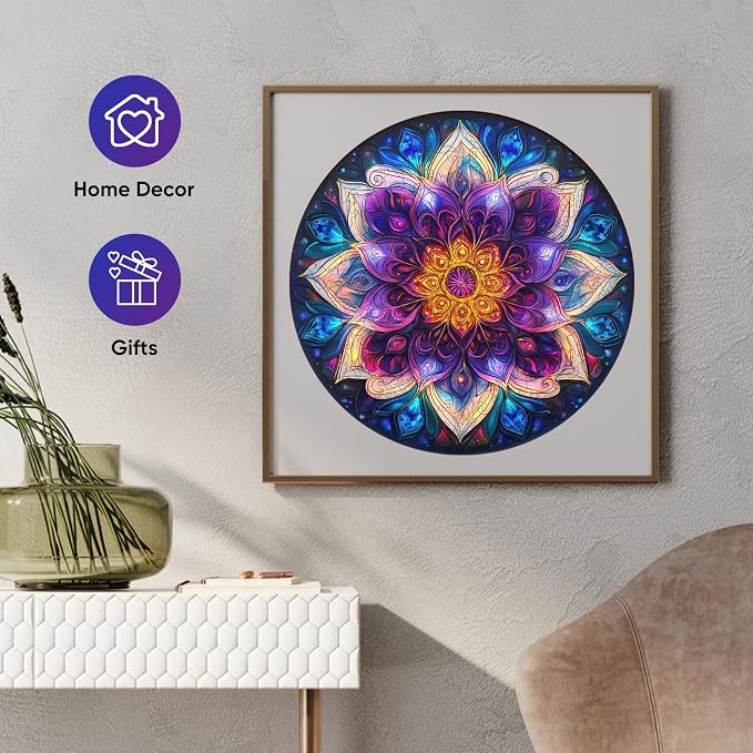 Delobil Puzzles for Adults 500 Pieces, 5MM Thick Colorful Mandala Flower Wooden Puzzles, Geometric Art Blue Round Jigsaw Puzzles for Adults and Kids, Family Game Gift Puzzle 16.5 * 16.5Inch