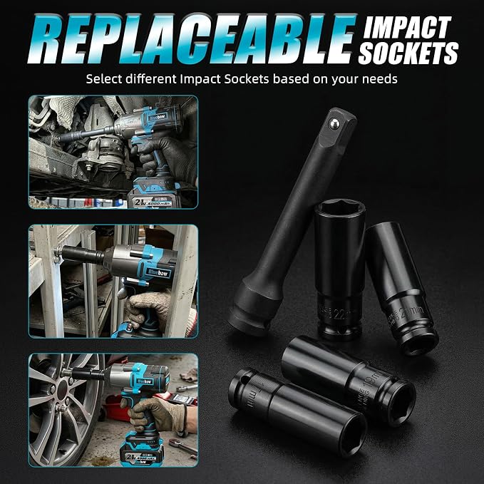 Bluebow Cordless Impact Wrench, 960 ft-lbs (1300 N·m) Brushless Impact Wrench with 2x4.0Ah Battery, 1/2" 3-Speed Modes Impact Gun with 4 Sockets for Pickup, Truck, Home Car