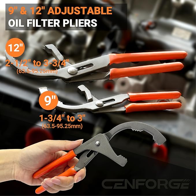 Oil Filter Wrench Set, 9" & 12" Adjustable Filter Pliers with Non-Slip Grip for Cars, Trucks, Motorcycles & Heavy Equipment (2-Piece Heavy Duty Set)
