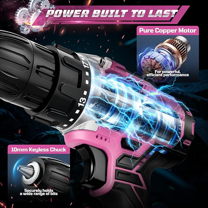 20V Cordless Drill Set,Electric Power Drill Cordless,Power Drill Drivers,Electric Screwdriver - 2.0Ah Batteries, 30Nm，21+1 Torque,2 Speed,34pcs Acessories,Built-in LED,Kit for Home,Pink