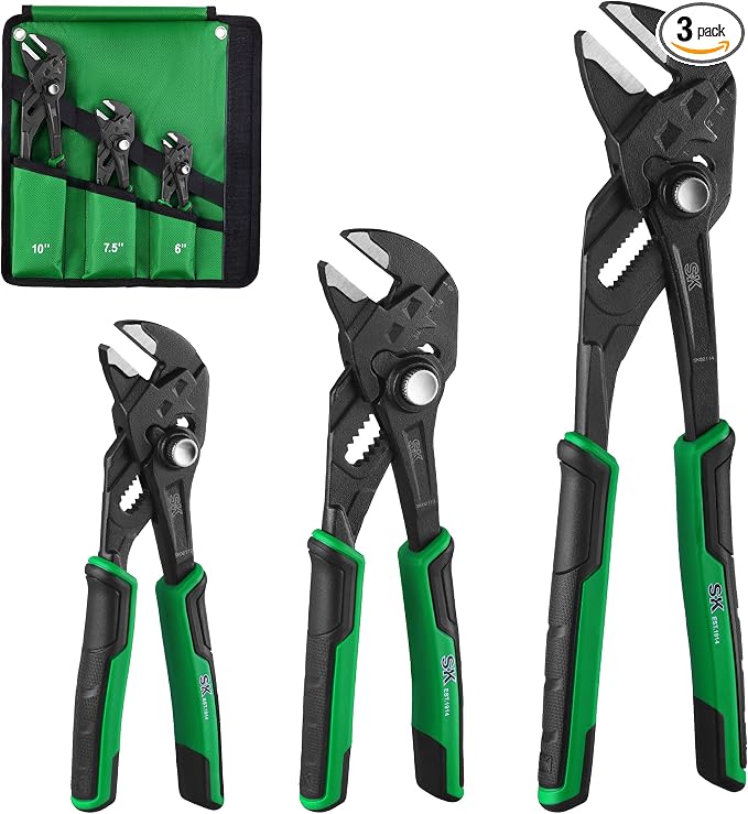 SK Pliers Wrench Set, Adjustable Parallel Smooth Jaw, 6'', 7.5'' & 10'' | 3-Piece Water Pump Pliers, Groove Joint Pliers, Premium CR-V Steel, Ergonomic Anti-slip Handle, with Rolling Pouch