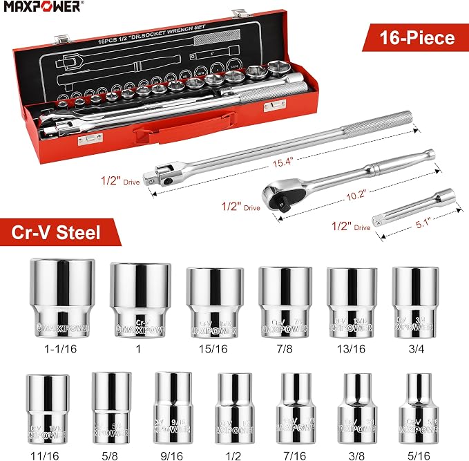 MAXPOWER 1/2" Drive Socket Wrench Set, 16-Piece, Including 13-Piece SAE Sockets, 1/2" Drive Breaker Bar, 1/2" Ratchet Wrench and Extension Bar