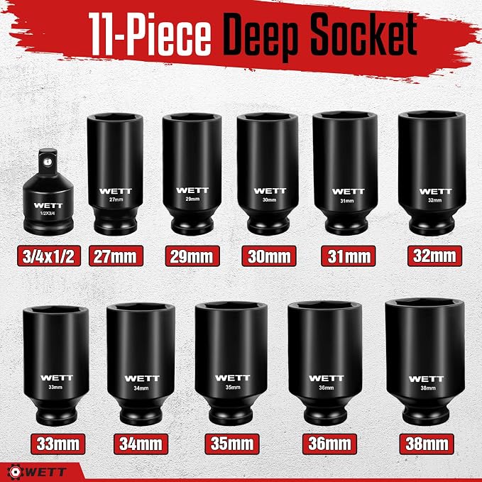 WETT 1/2" Drive Deep Large Impact Socket Set, 11-Piece Spindle Axle Nut Wheel Wrench Sockets Set, Jumbo Metric 6 Point Sockets with 3/4 to 1/2 Adapter, CR-V, (27mm-38mm)