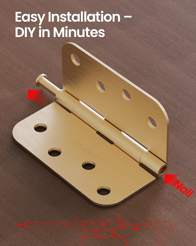 4" X 4" Satin Brass Door Hinges – 6 Pack Gold Door Hinges with 5/8" Radius, Rounded Interior Heavy Duty 4 Inch Exterior & Front Door Hinge for Residential Use