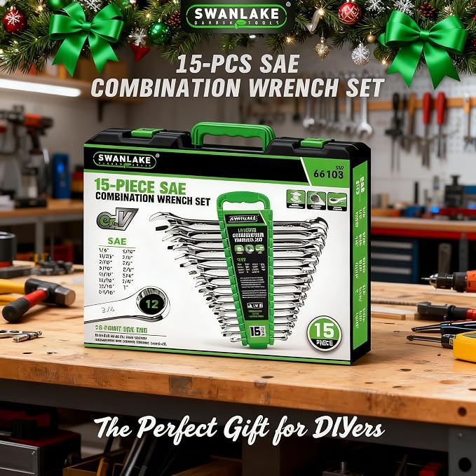 SWANLAKE 15-Piece SAE Wrench Set, V Notch Premium Combination Wrenchs Set, SAE 1/4" to 1-1/16", Max Torque, 12-Point, Chrome Vanadium Steel, with Storage Rack