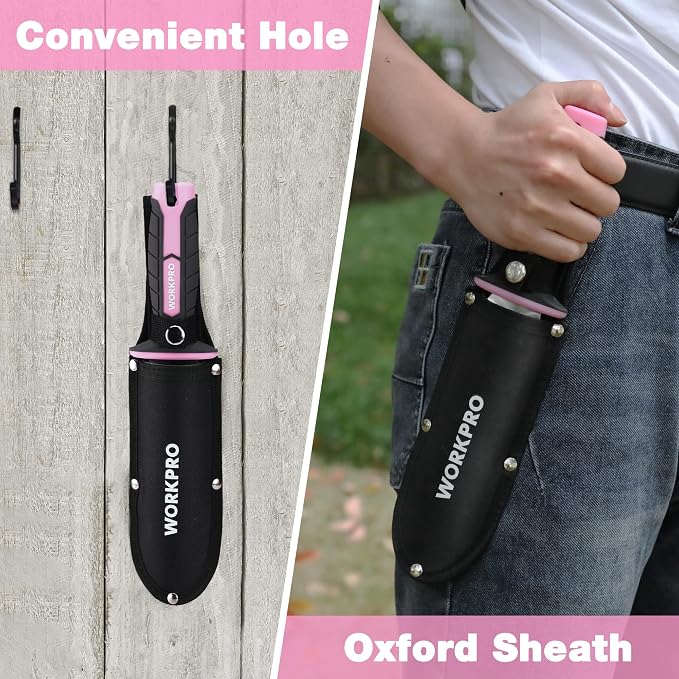 WORKPRO Hori Hori Garden Knife, 7" Stainless Steel Blade with Cutting Edge, Garden Tools with Oxford Sheath, Ergonomic TRP Handle with Hanging Hole for Weeding, Planting, Digging, Pink