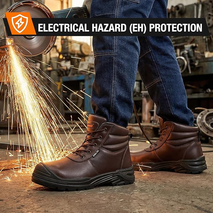 NINGO Steel Toe Work Boots for Men, Non Slip & Puncture Resistant Construction Boots with Breathable Lining, EH Protection, Comfortable Mens Safety Leather Work Shoes for Industrial, Walking Warehouse
