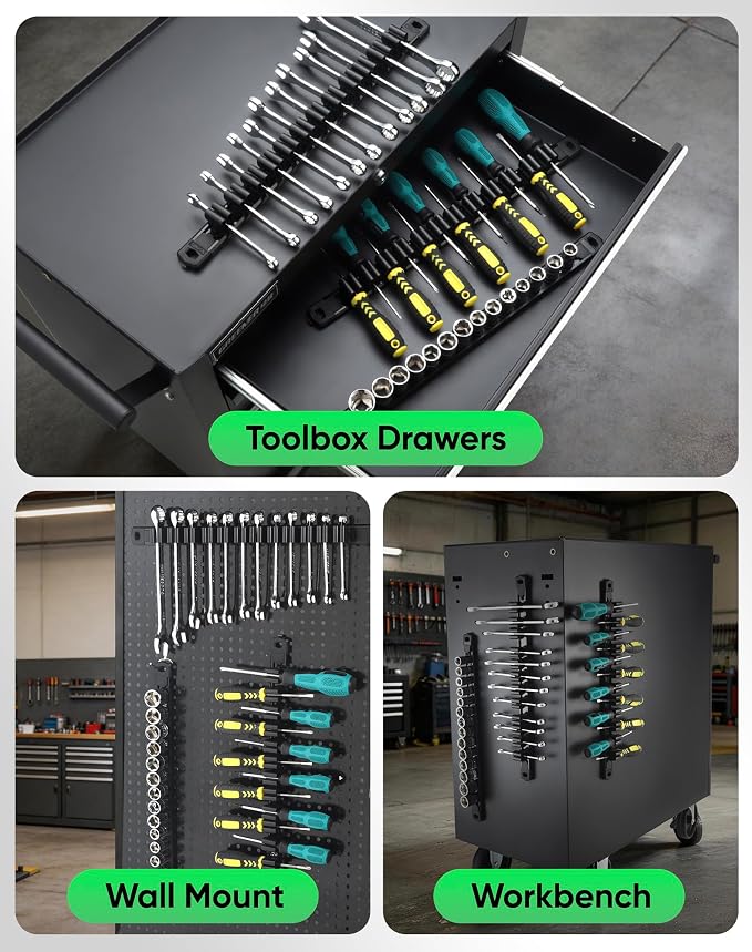 ALOANES 3PC Magnetic Screwdriver Organizer - 36 Slot Aluminum Alloy Rail for Toolbox & Metal Pegboard, Strong Magnetic Holder for Wrenches, Pliers, Workshop Garage Storage(Black)