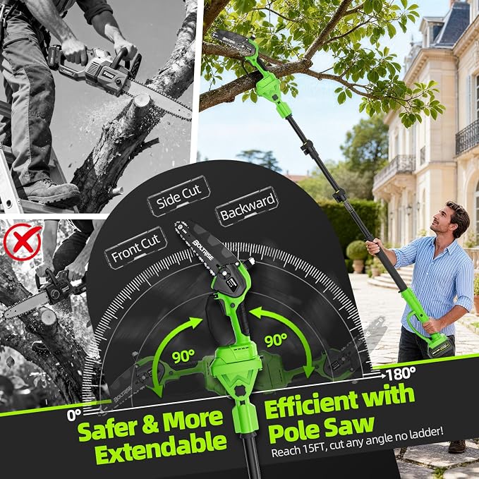 3-in-1 Electric Pole Saws for Tree Trimming, 8 Inch & 6 Inch Mini Chainsaw Cordless with 2x4.0 Ah Battery, Battery Powered Pole Chain Saw, 16 Ft Reach, Telescopic Chainsaw Tree Trimmer Branch Cutter