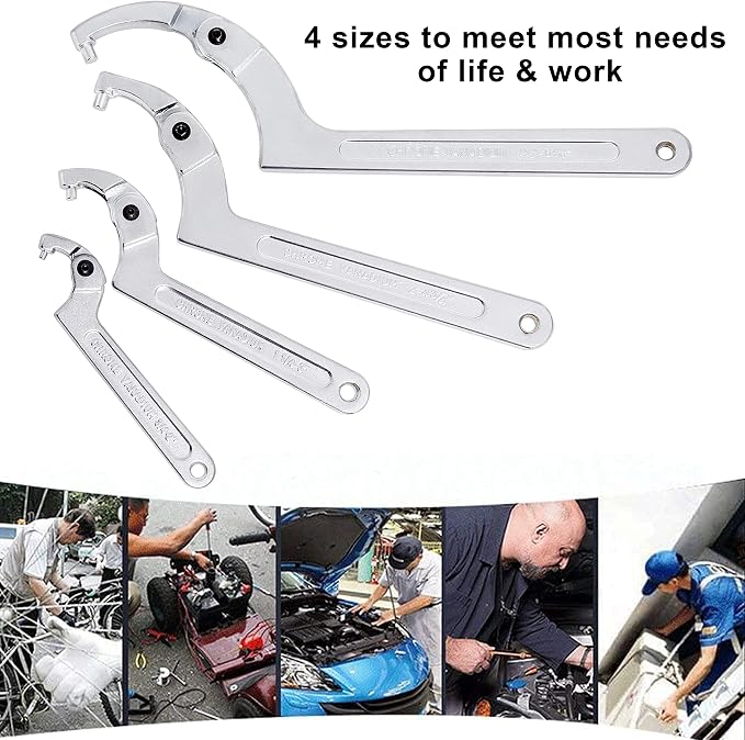 Adjustable C Pin Spanner Hook Wrench Set, Chrome Vanadium Steel 4 Size | 3/4-2", 1-1/4-3", 2-4-3/4", 4-1/2-6-7/10" Round Head Pin Spanner Wrench, Hydraulic Cylinder Tools for Lock Nuts and Bearings