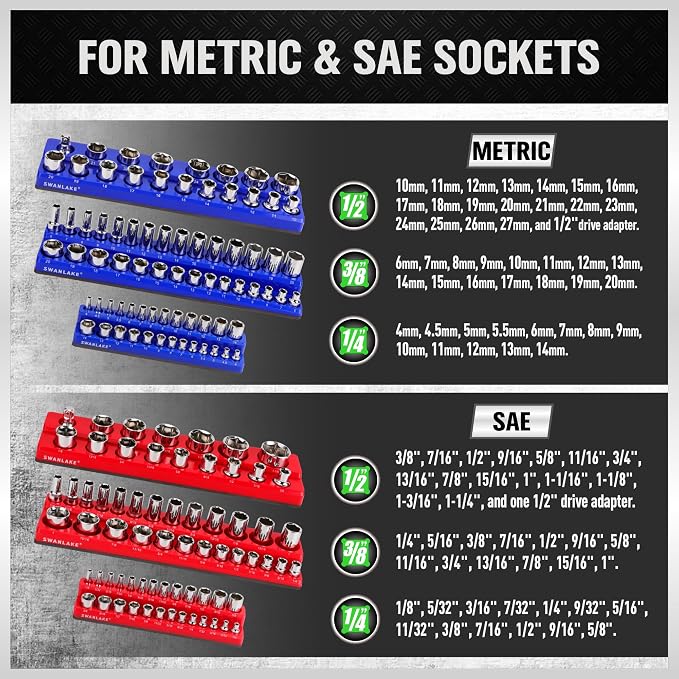 Magnetic Socket Organizer Set, 6PCS Socket Holder, 1/4", 3/8", 1/2" Sockets Holds 143 Pieces Magnetic Sockets Trays (Blue&red, 6 Pcs)
