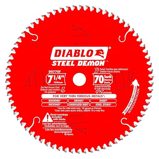 Diablo Steel Demon Carbide-Tipped Saw Blade - Ideal for Roofing, Siding, Decking, and Metalworking - 7-1/4" Diameter, 70 TCG Teeth, 5,800 Max RPM - D0770FA