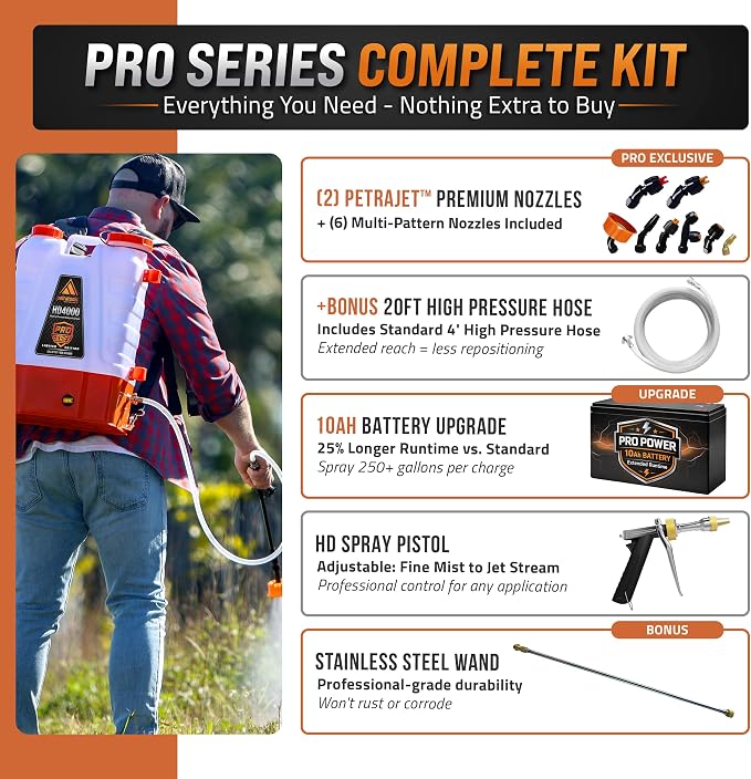 PetraTools Battery Powered Backpack Sprayer 4 Gallon - 8 Hours Long Battery Life & Padded Straps for Comfort - HD4000 Electric Backpack Garden Sprayer with 9 Spray Nozzles (HD4000 Pro Series)