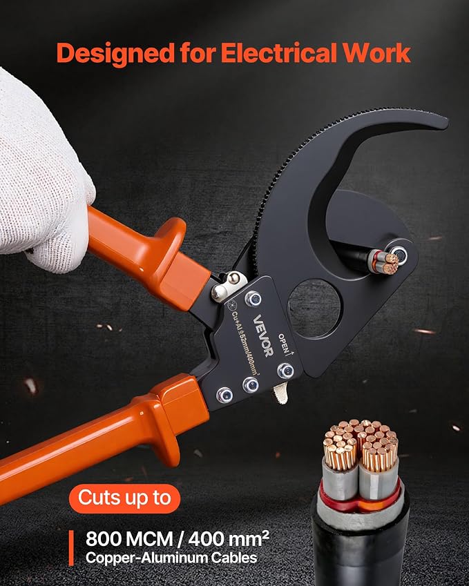 VEVOR Ratcheting Cable Cutter, Spring Steel Blades with PVC-Coated Handles, Quick-Release Button, Heavy Duty Ratchet Cable Wire Cutter for Cutting Copper & Aluminum Cables Up to 800 MCM / 400 mm²