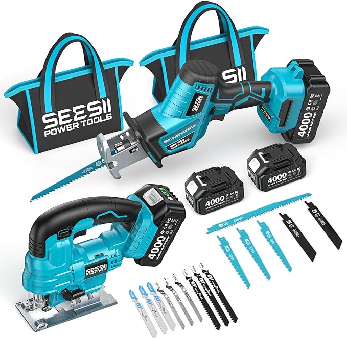 SEESII 2-Tool Cordless Combo Kit, Reciprocating Saw & Jig Saw with 2x4.0Ah Batteries, Brushless Motor, 0-45° Bevel Cut Jigsaw, Adjustable Speed, LED Light, Lightweight for Wood/Metal/PVC Cutting, DIY