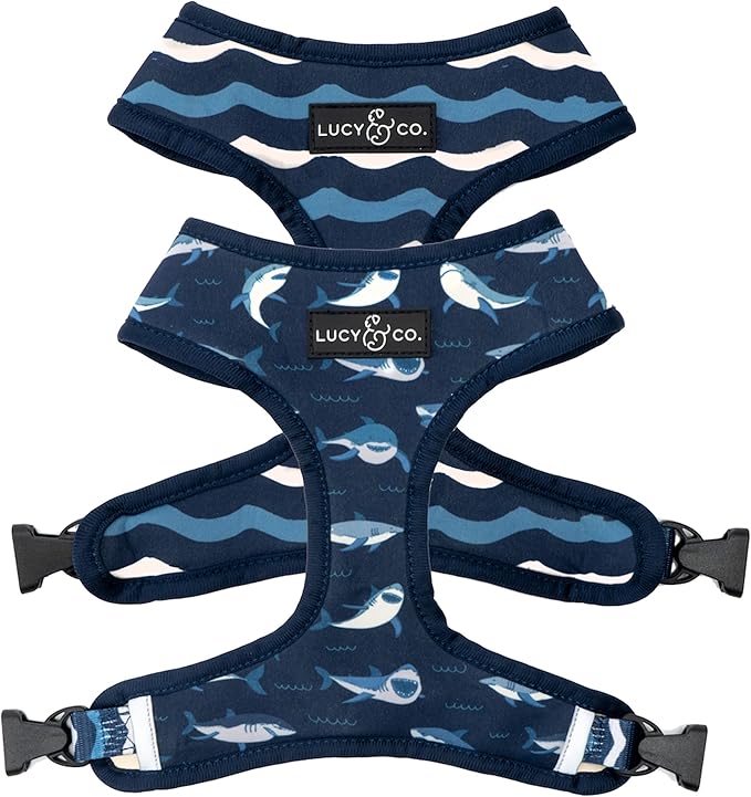 Lucy & Co. Reversible Dog Harness - Water-Repellent Neoprene, Dual-Print Design, Easy Swap Style, Adjustable Comfort Fit - Shark Attack Reversible Harness - Small