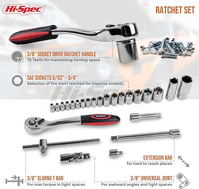 Hi-Spec SAE Auto Mechanics Hand Tool Kit Car Motorcycle Ratchet Wrench