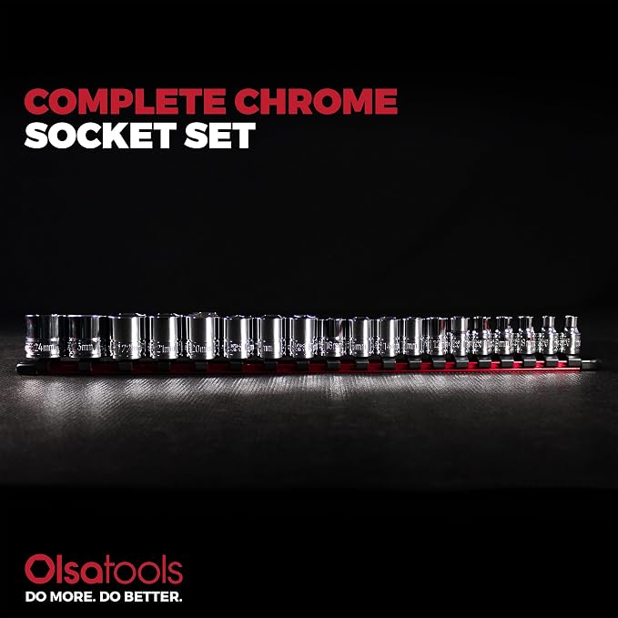 Olsa Tools 3/8-Inch Drive SAE Deep Socket Set - 19pc | 6-Point Chrome Vanadium Sockets, 6mm–24mm, No Skipped Sizes - Professional-Grade SAE Socket Sets - Part: 1328