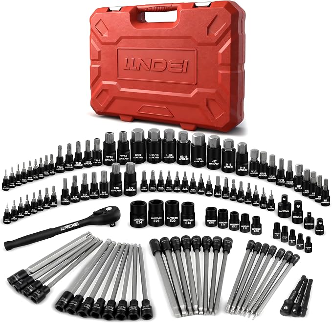 LLNDEI 115Pc Torx & Allen Bit Socket Set 1/4 3/8 1/2" Drive | Extra Long & Tamper Proof Torx, Hex & Ball Hex, S2 Steel, SAE/Metric, Ratchet & Adapters, for Auto, Machinery & Industrial