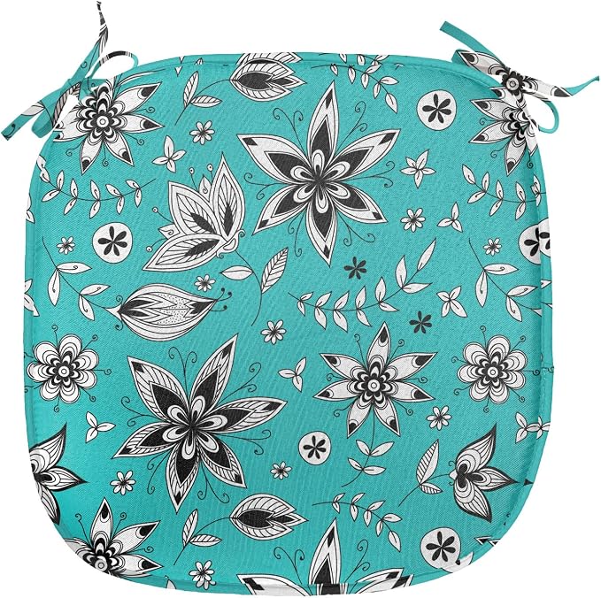 Lunarable Flower Chair Seating Cushion Set of 4, Abstract Monochrome Floral with Botanical Items, Anti-Slip Seat Padding for Kitchen & Patio, 16"x16", Seafoam Grey