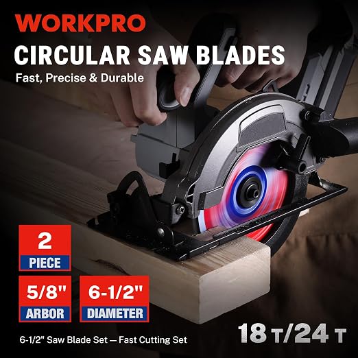 WORKPRO 6-1/2 Inch Woodworking Circular Saw Blades, 18T/24T Framing & Fast Ripping, Thin Kerf, Carbide Tipped, ATB Tooth, 2-Pack