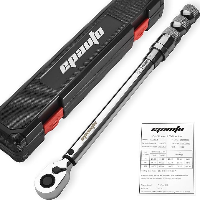 EPAuto 1/2-Inch Spring-Loaded Ring Locking Torque Wrench, High-Contrast Scale, and Click Alert, with Dual Direction Adjustment, 10~150 ft-lb, Cr-V